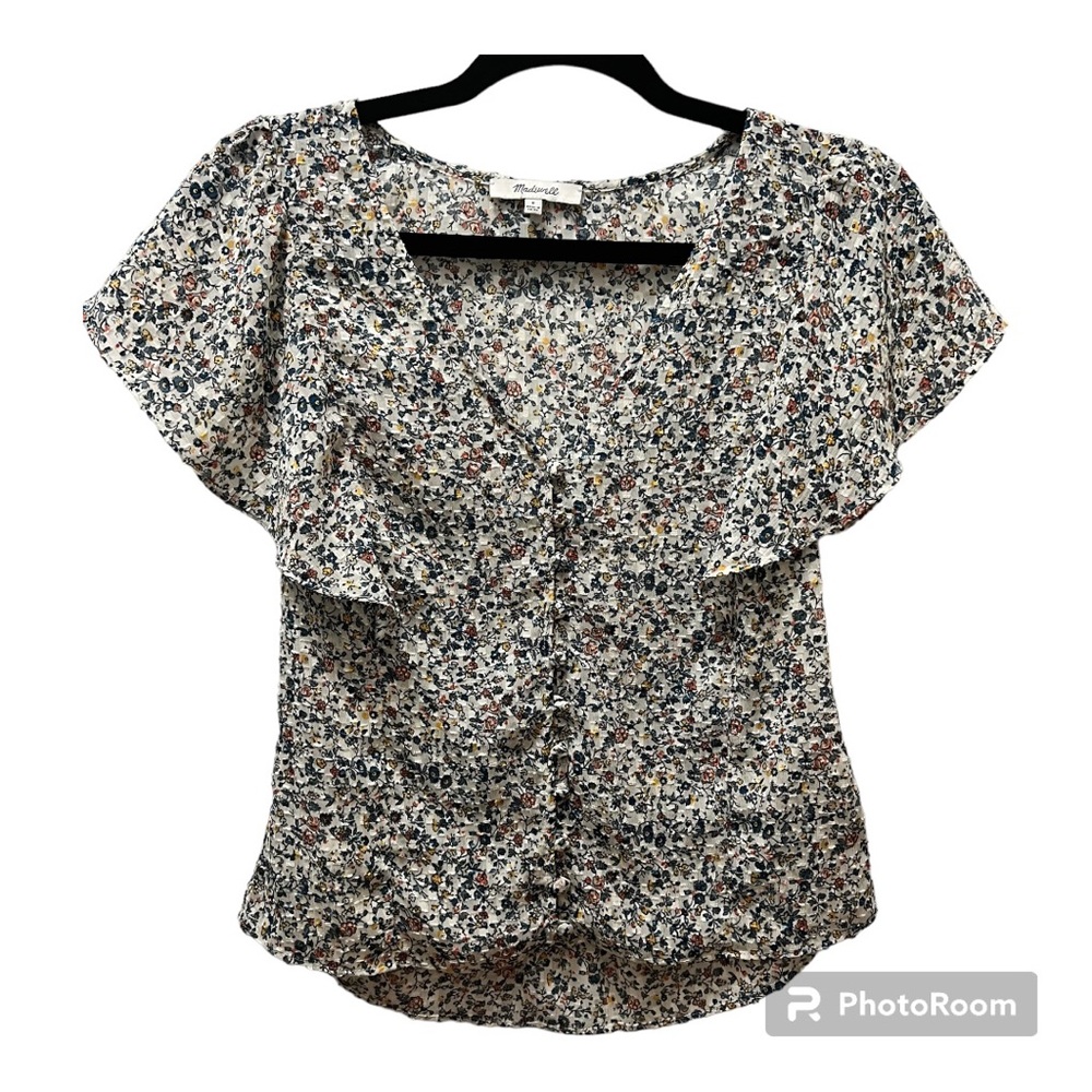 Madewell v-neck button-up blouse in blue with multicolored flowers size 0.